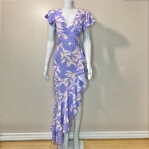 Purple pink asymmetrical hem with ruffles cutout maxi dress